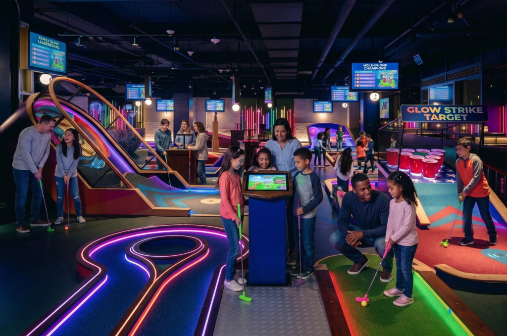 Families putting on a colorful indoor miniature golf course