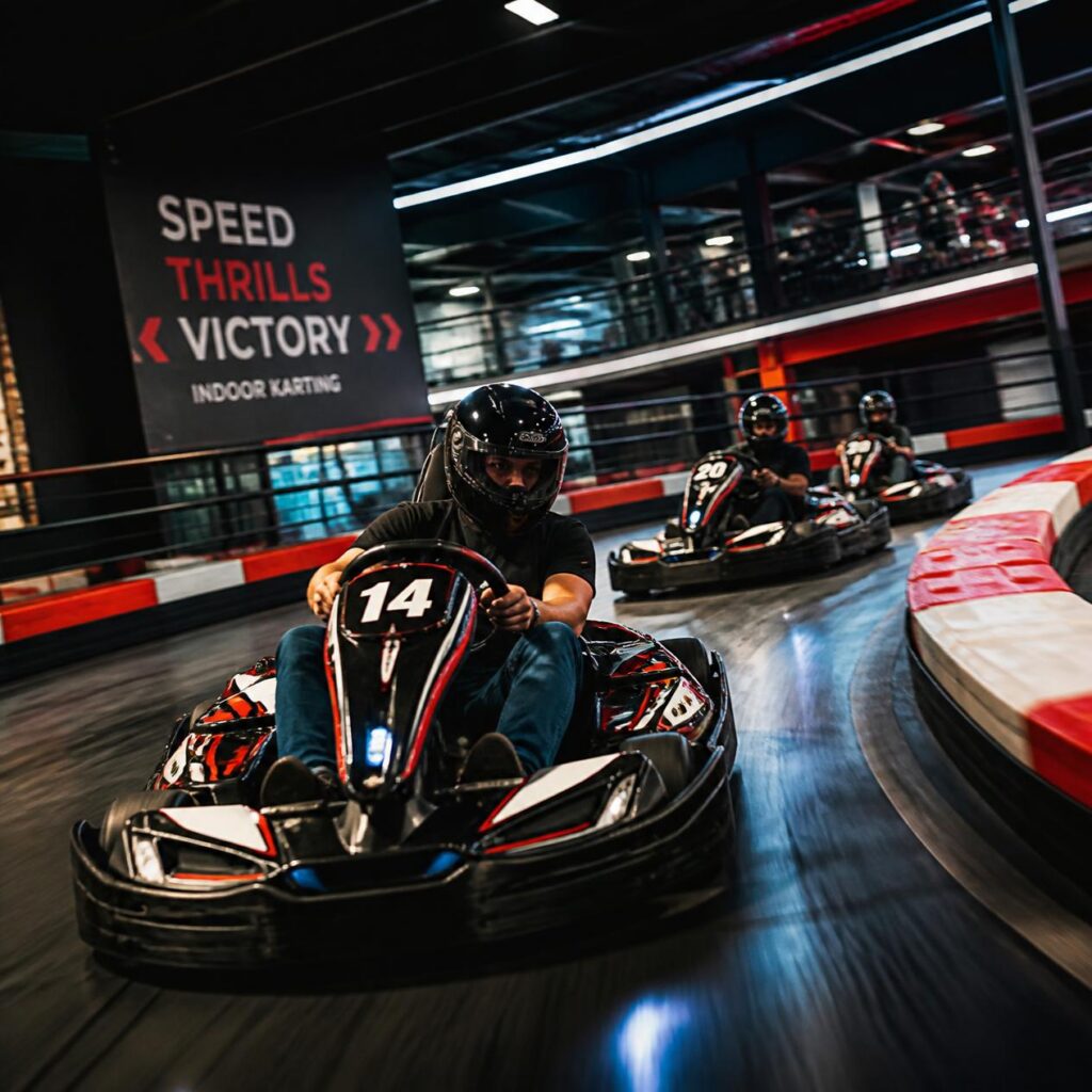 Negocio de karting en pista cubierta: karts eléctricos que compiten en un circuito cubierto de dimensiones reducidas bajo iluminación LED