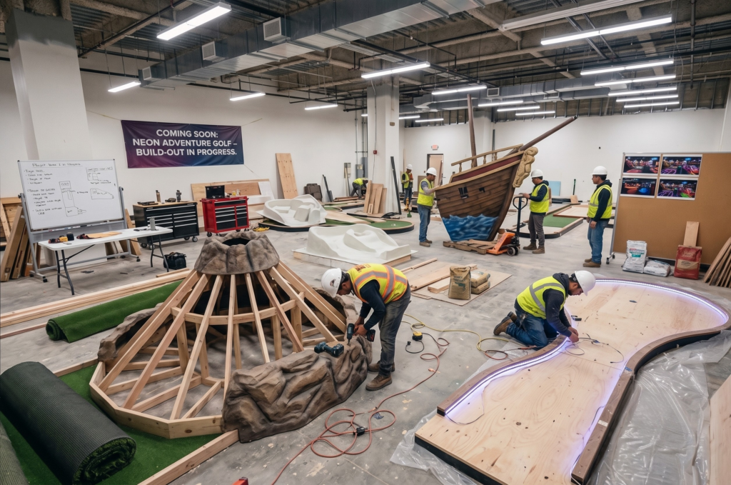 Miniature golf course build-out with themed holes being installed