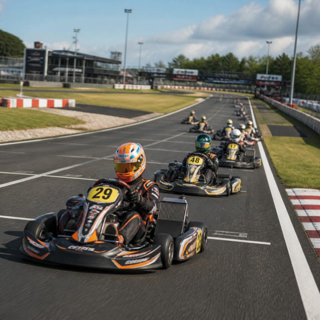 Negocio de karting al aire libre: carreras de karts en un circuito exterior de gran longitud con zonas de escape
