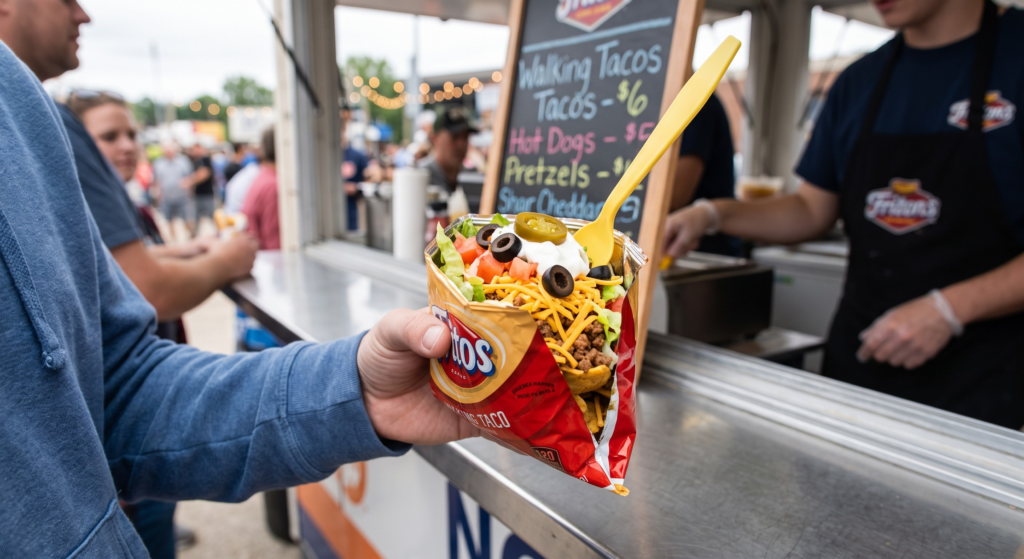 Walking tacos: unique concession food idea served in a chip bag with toppings