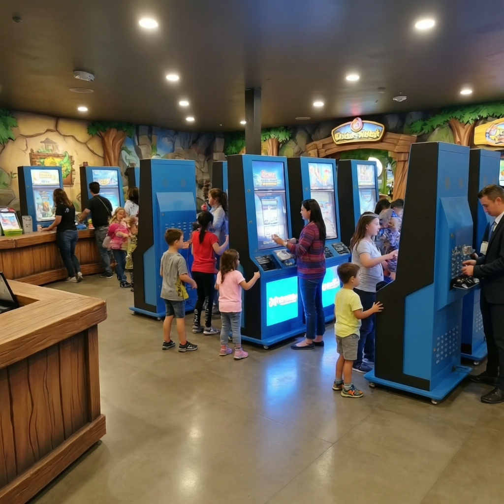 Leisure management software: front desk of a busy multi-activity leisure venue with self-service kiosks