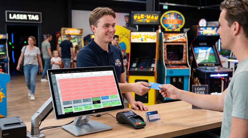 Arcade POS system: staff selling and reloading a game card at an arcade front desk