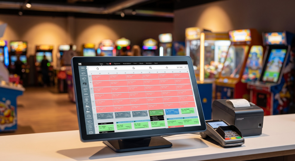 Système de point de vente dédié au divertissement installé à l'accueil d'un établissement, permettant de vendre des billets d'entrée, de la restauration et des crédits de jeux