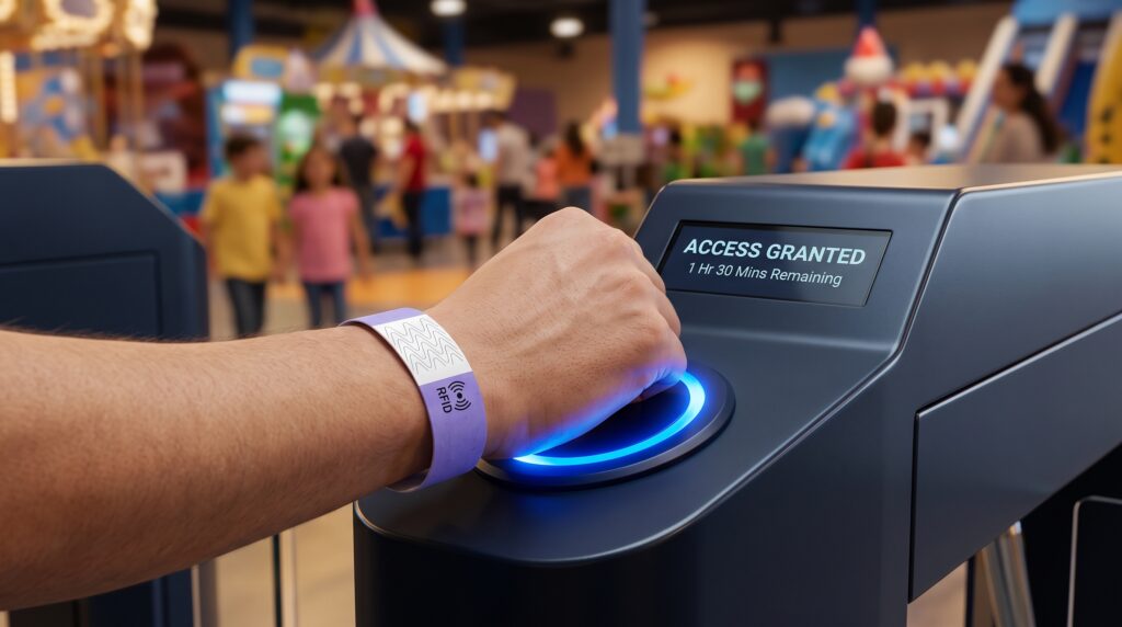 RFID wristband system in an entertainment venue: guest tapping a wristband at an activity entrance