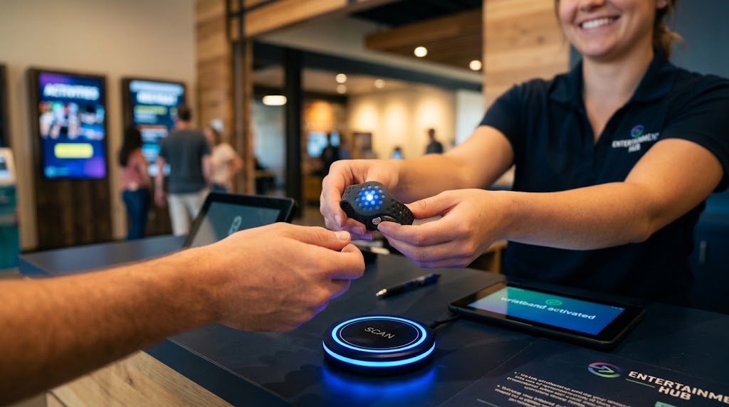 Wristband management system: staff issuing an RFID wristband linked to a guest booking at check-in