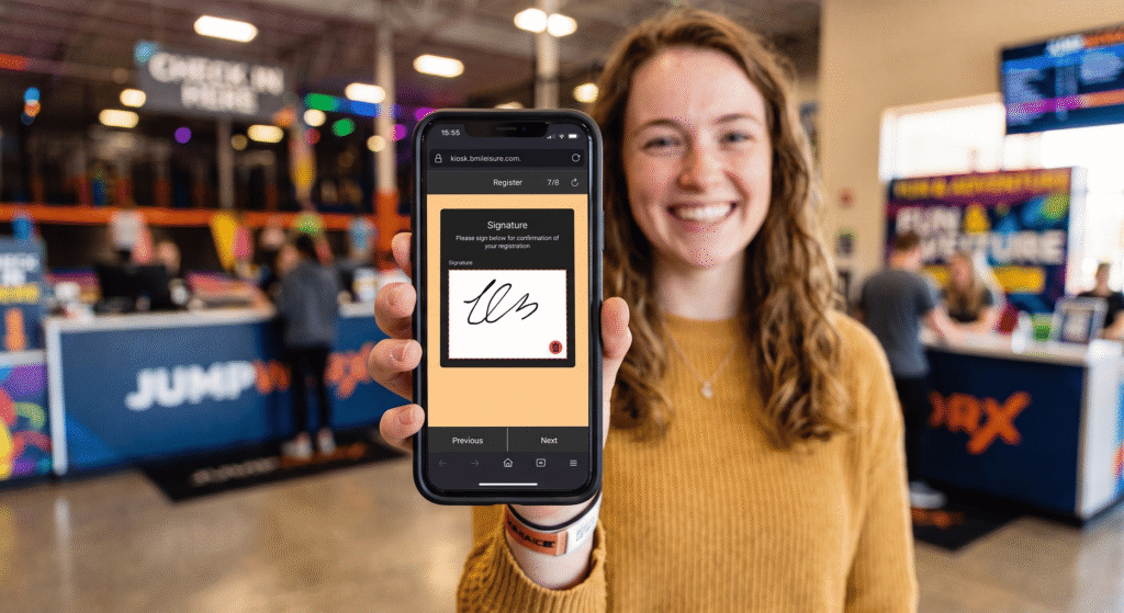 Waiver software at a leisure venue: guest signing a digital waiver on a phone before arrival