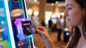 Arcade-Kartensystem: Ein Gast hält eine wiederaufladbare Spielkarte an den Kartenleser eines Arcade-Automaten.