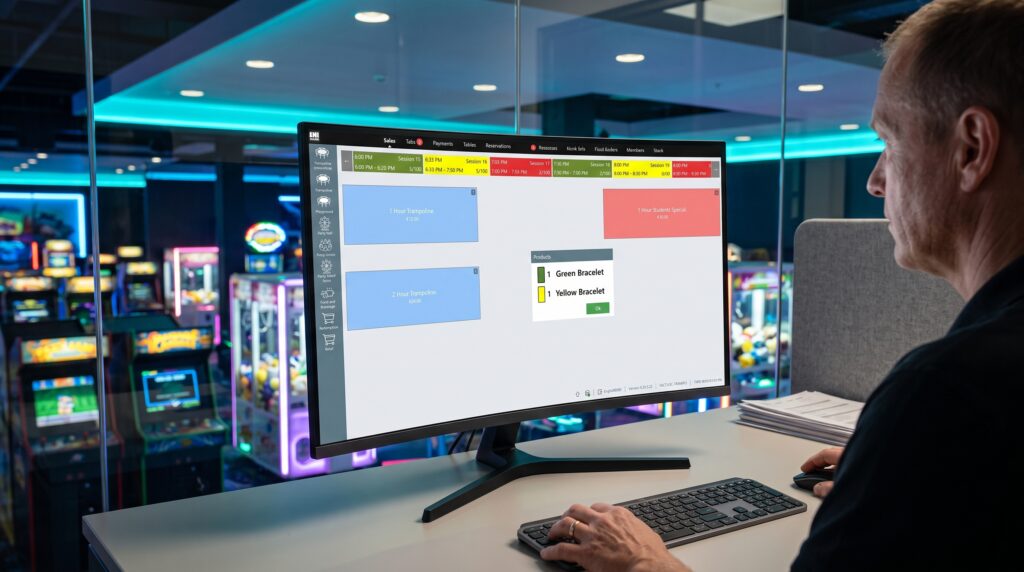 Logiciel de gestion d'arcade : l'exploitant supervise la salle de jeux, les points de vente et les rapports depuis un seul tableau de bord