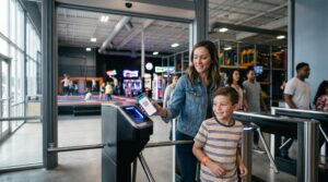 Software für den Ticketverkauf bei Freizeitattraktionen: Besucher scannen ihre Tickets am Eingang einer Freizeiteinrichtung