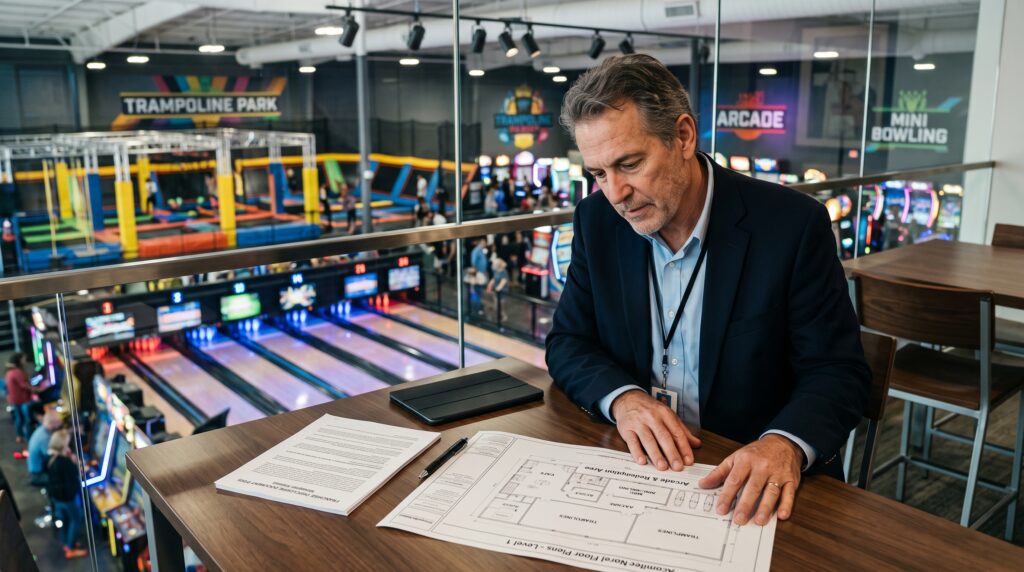 Family entertainment center franchise costs: investor reviewing an FDD beside an indoor attractions floor
