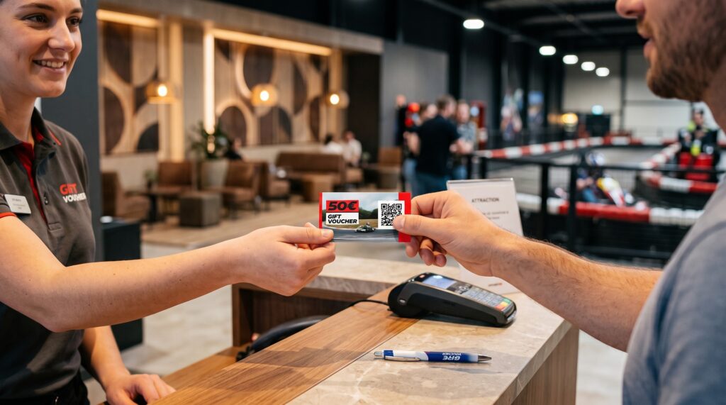 Gift card software for venues: guest redeeming a gift card at an entertainment venue front desk