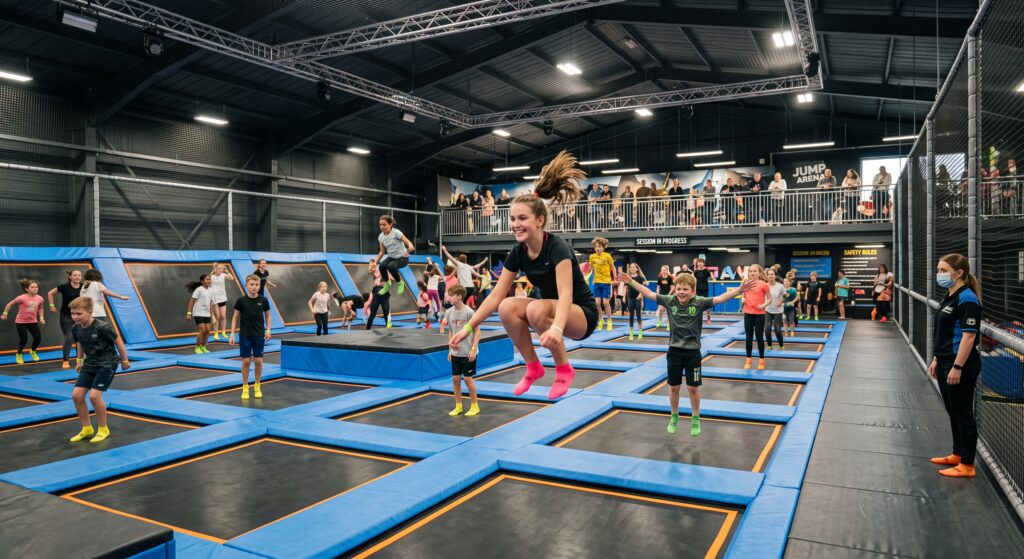 How to start a trampoline park: indoor trampoline court with jumpers during a timed session