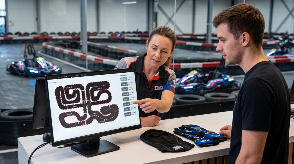 Karting POS system at a track front desk: staff selling a race heat with extras before the session starts