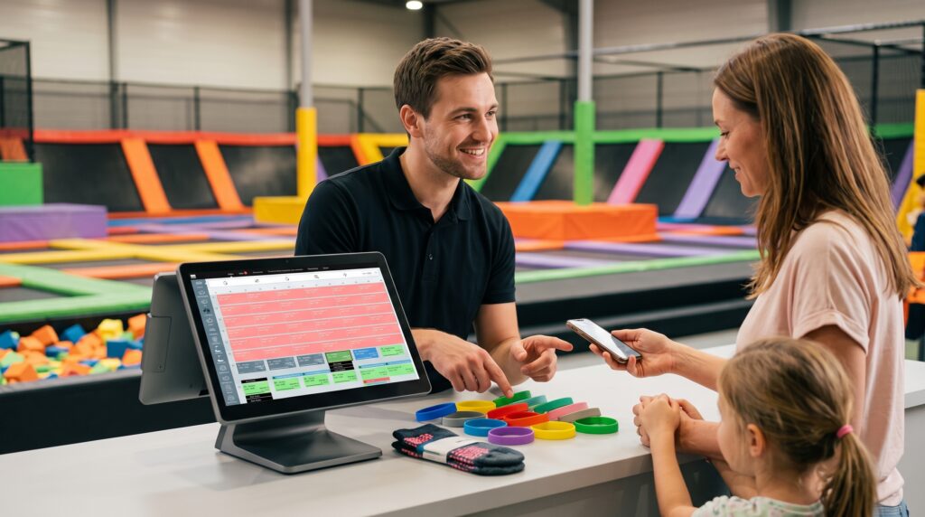 Logiciel de gestion de point de vente pour parc de trampolines : vente à l'accueil de séances de saut à durée déterminée avec bracelets et chaussettes antidérapantes