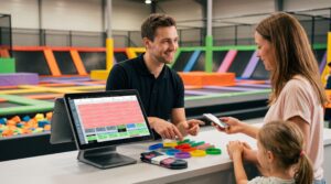 Logiciel de gestion de point de vente pour parc de trampolines : vente à l'accueil de séances de saut à durée déterminée avec bracelets et chaussettes antidérapantes