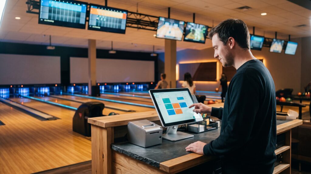 Logiciel pour salles de bowling : écran de la réception affichant les réservations de pistes à côté des pistes de bowling