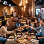 Eatertainment venue: guests eating and drinking at a lounge table beside bowling lanes and arcade games