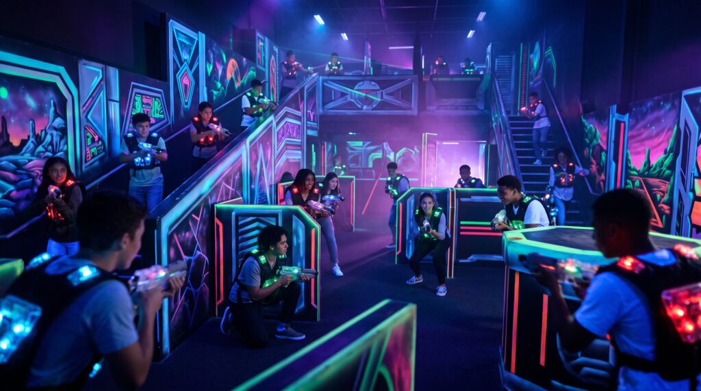 How to start a laser tag business: players in vests inside a multi-level blacklight laser tag arena
