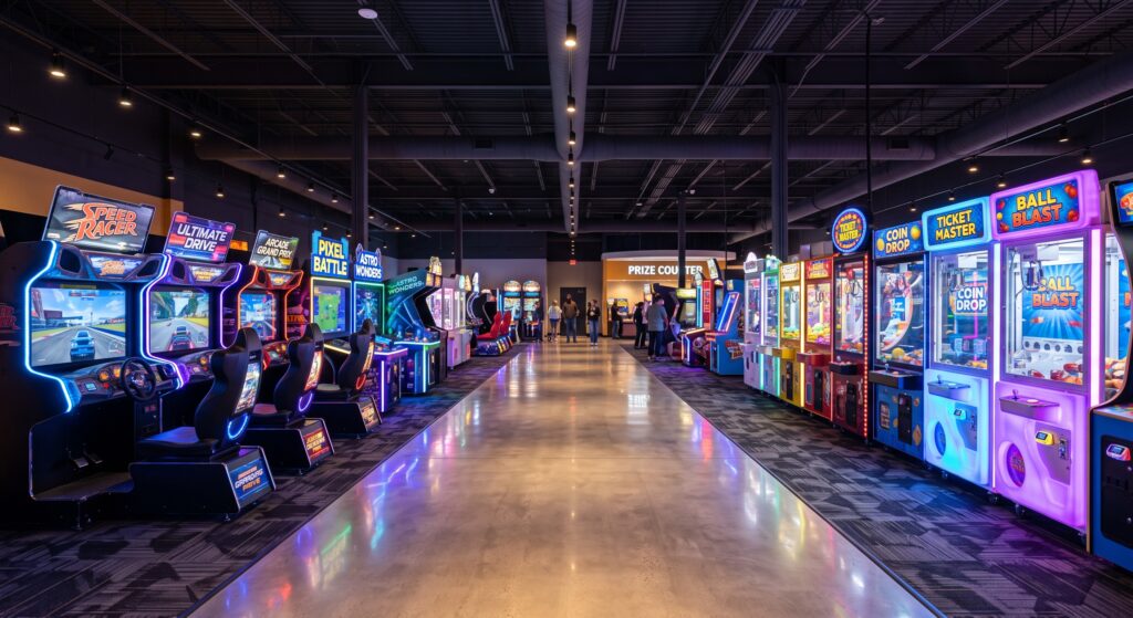 Cómo poner en marcha un negocio de salas recreativas: hileras de nuevos juegos recreativos y de premios en un local moderno
