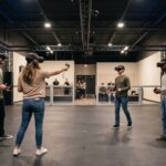 VR arcade business: group of players in a free-roam virtual reality arena