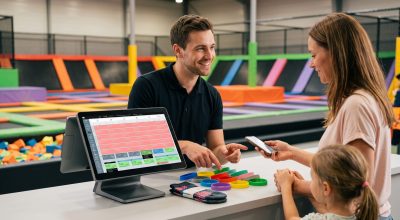 Trampoline park POS software: front desk selling a timed jump session with wristbands and grip socks